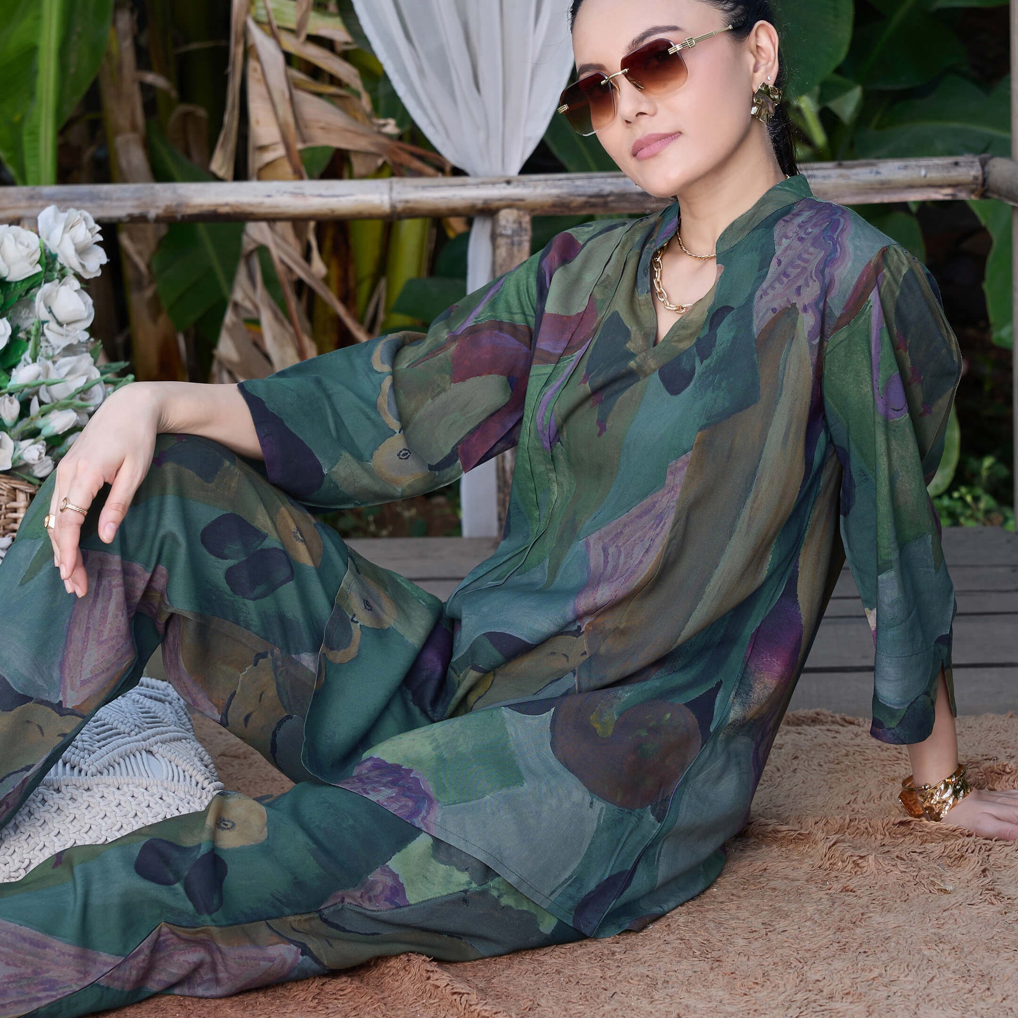 ZEYO Co-Ords set for Womens Rayon Teal Green Abstract Printed Kurti & Pyjama