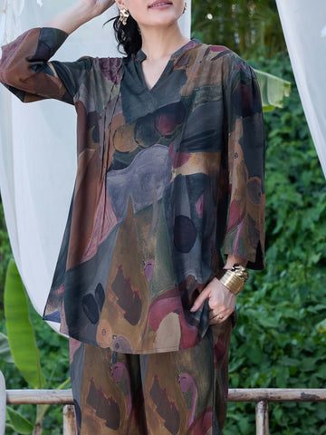ZEYO Co-Ords set for Womens Rayon Yellow Abstract Printed Kurti & Pyjama