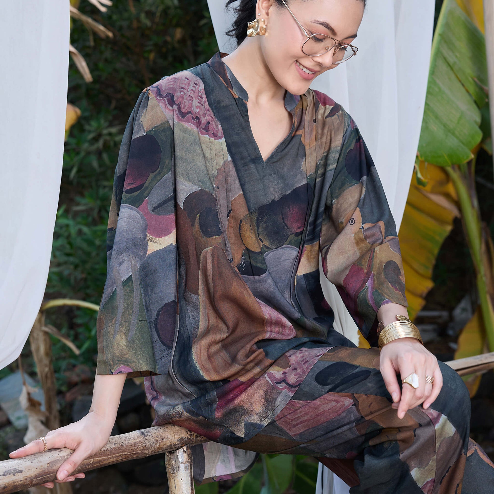 ZEYO Co-Ords set for Womens Rayon Yellow Abstract Printed Kurti & Pyjama