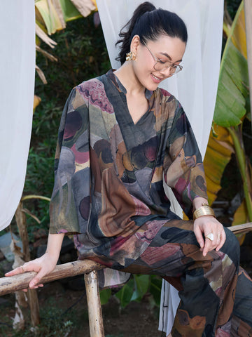 ZEYO Co-Ords set for Womens Rayon Yellow Abstract Printed Kurti & Pyjama