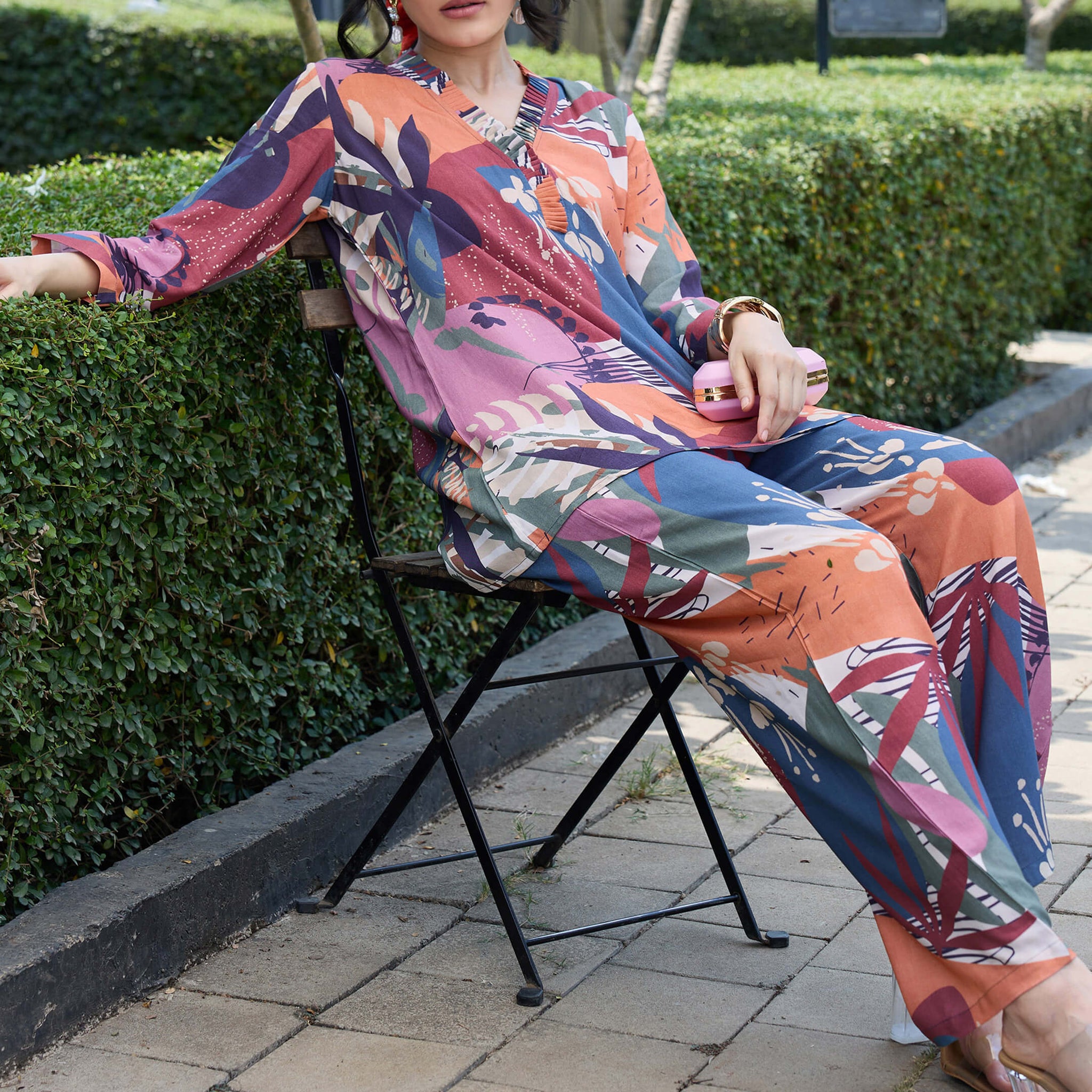 ZEYO Co-Ords set for Womens Rayon Orange Floral Printed Kurti & Pyjama