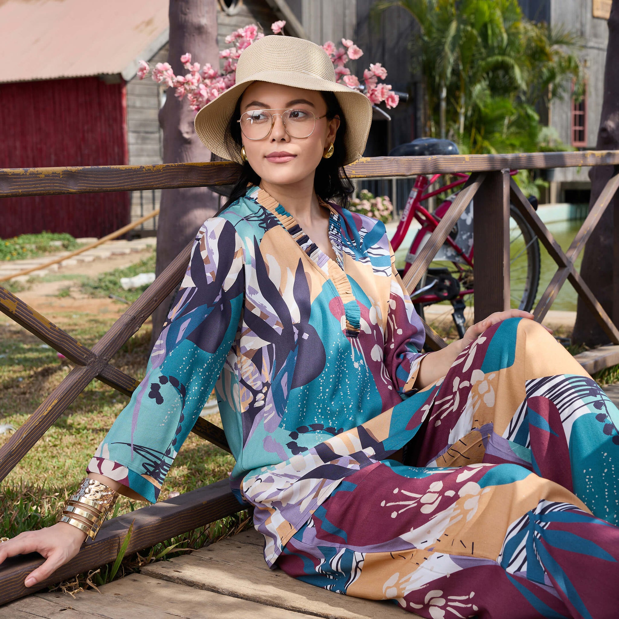 ZEYO Co-Ords set for Womens Rayon Teal Green Floral Printed Kurti & Pyjama