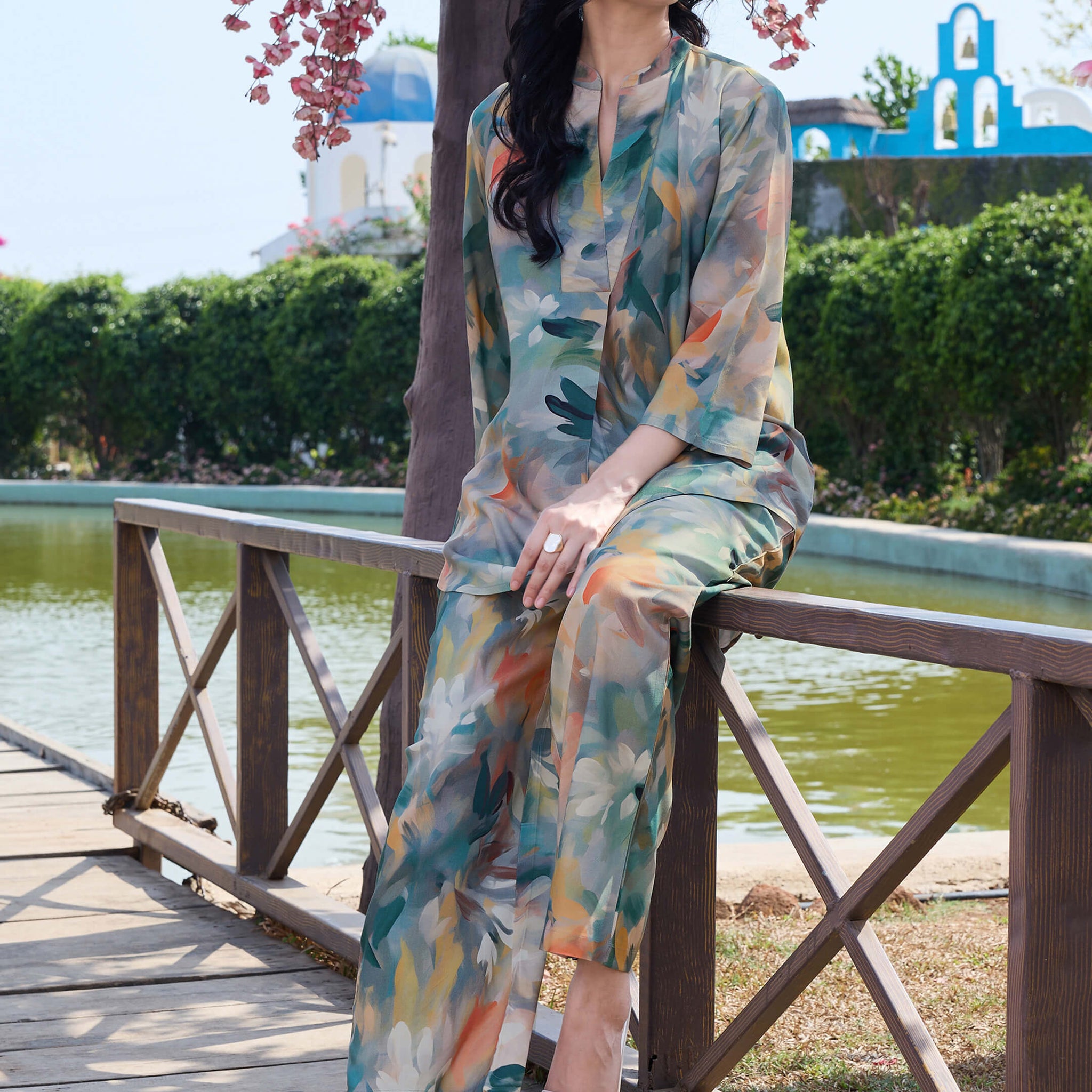 ZEYO Co-Ords set for Womens Rayon Green Floral Printed Kurti & Pyjama