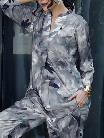 ZEYO Co-Ords set for Womens Rayon Grey Floral Printed Kurti & Pyjama