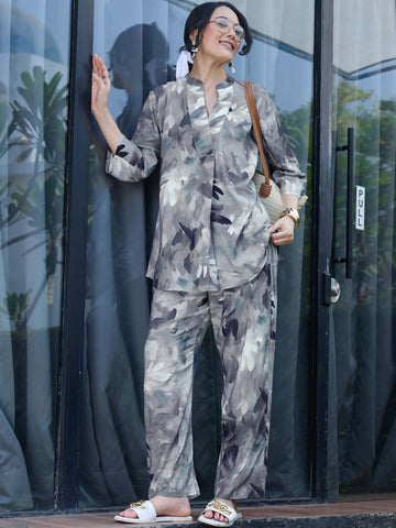 ZEYO Co-Ords set for Womens Rayon Grey Floral Printed Kurti & Pyjama
