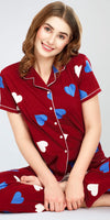 ZEYO Night Suit for Women's Maroon Heart Printed Cotton Night Dress of Shirt and Pajama set