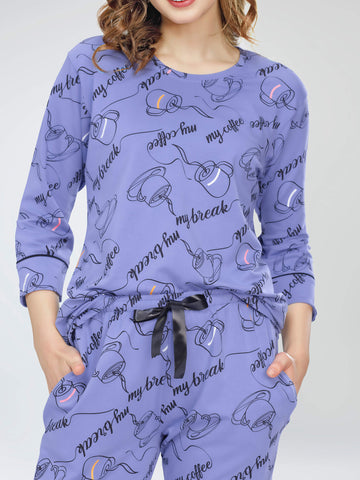 ZEYO Night Suit for Women's Blue Cup & Saucer Printed Cotton Night Dress of Top and Pajama set