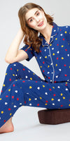 ZEYO Night Suit for Women's Blue Heart Printed Cotton Night Dress of Shirt and Pajama set