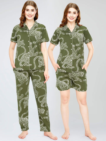 ZEYO Night Suit for Women's Olive Green Leopard Printed Cotton Night Dress of Shirt,Pajama & Short's 3Pc'S Set