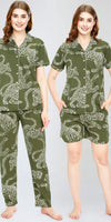 ZEYO Night Suit for Women's Olive Green Leopard Printed Cotton Night Dress of Shirt,Pajama & Short's 3Pc'S Set