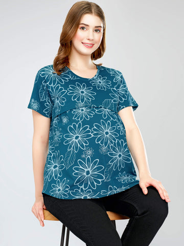 ZEYO Women's Cotton Teal Blue Maternity Top Floral Printed Feeding T-shirt