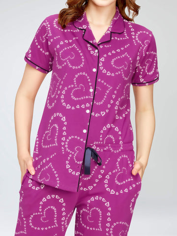 ZEYO Night Suit for Women's Purple Heart Printed Cotton Night Dress of Shirt,Pajama & Short's 3Pc'S Set