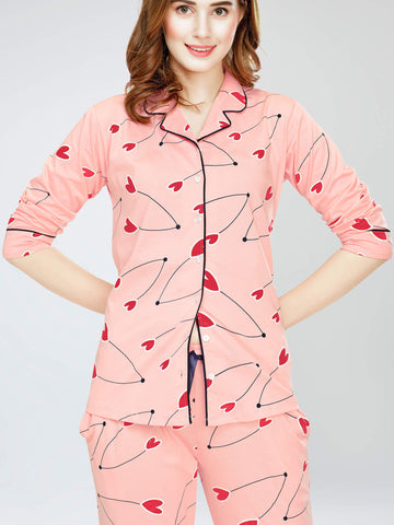 ZEYO Night Suit for Women's Peach Heart Printed Cotton Night Dress of Shirt and Pajama set