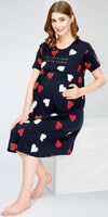 ZEYO Women's Cotton Navy Blue Night Dress Heart Printed Maternity & Feeding Short Nighty Night Gown