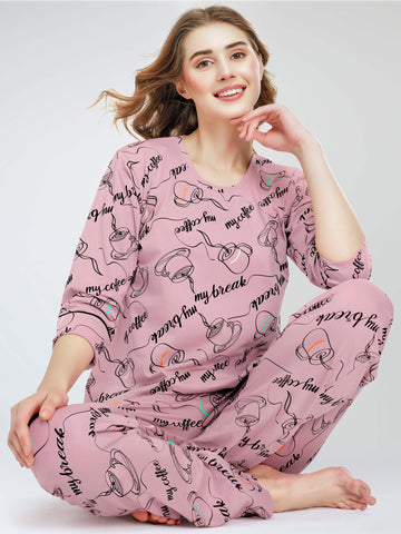 ZEYO Night Suit for Women's Mauve Cup & Saucer Printed Cotton Night Dress of Top and Pajama set