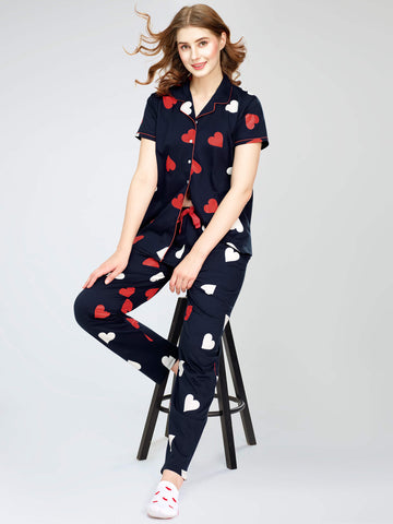 ZEYO Night Suit for Women's Navy Blue Heart Printed Cotton Night Dress of Shirt and Pajama set