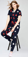 ZEYO Night Suit for Women's Navy Blue Heart Printed Cotton Night Dress of Shirt and Pajama set