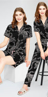 ZEYO Night Suit for Women's Black Leopard Printed Cotton Night Dress of Shirt,Pajama & Short's 3Pc'S Set