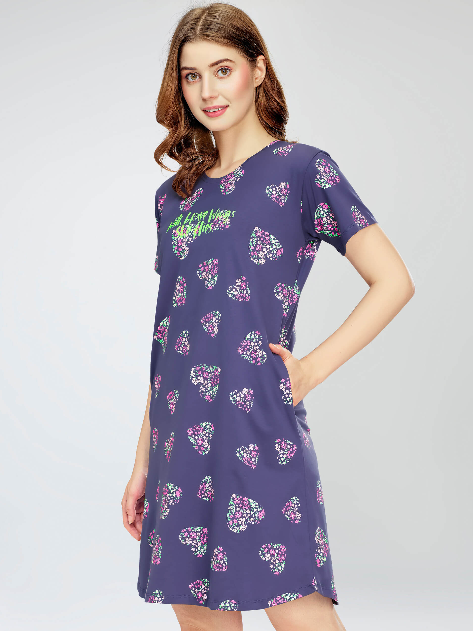 Zeyo Women's Cotton Night Dress - Heart Printed Knee-Length Nightgown, Half Sleeve, Relaxed Fit, Pink, X-Large