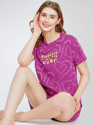 ZEYO Night Suit for Women's Purple Heart Printed Cotton Night Dress of Top and Short's set