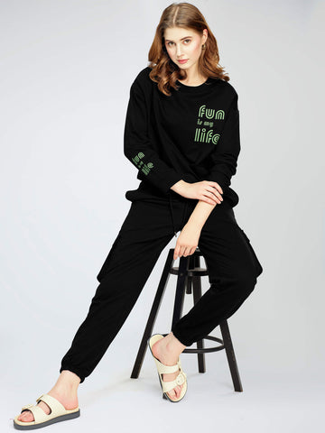 ZEYO Women's Cotton Green Track suit Typography Printed Crop Top Co-ords set