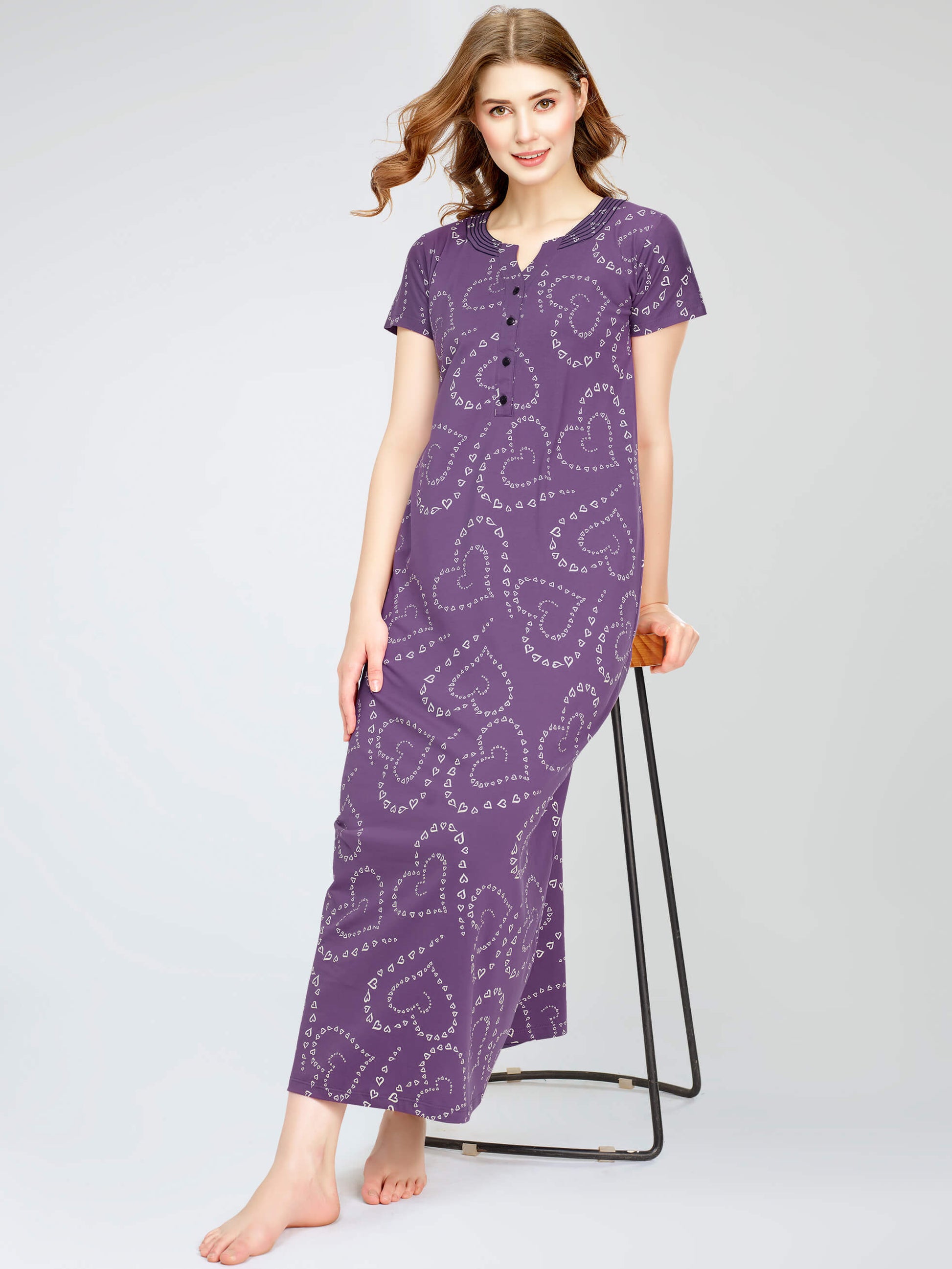 ZEYO Women's Cotton Heart Printed Violet Maxi Long Nighty For Women st