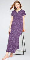 ZEYO Women's Cotton Heart Printed Violet Maxi Long Nighty For Women stylish