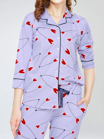 ZEYO Night Suit for Women's Lavender Heart Printed Cotton Night Dress of Shirt and Pajama set