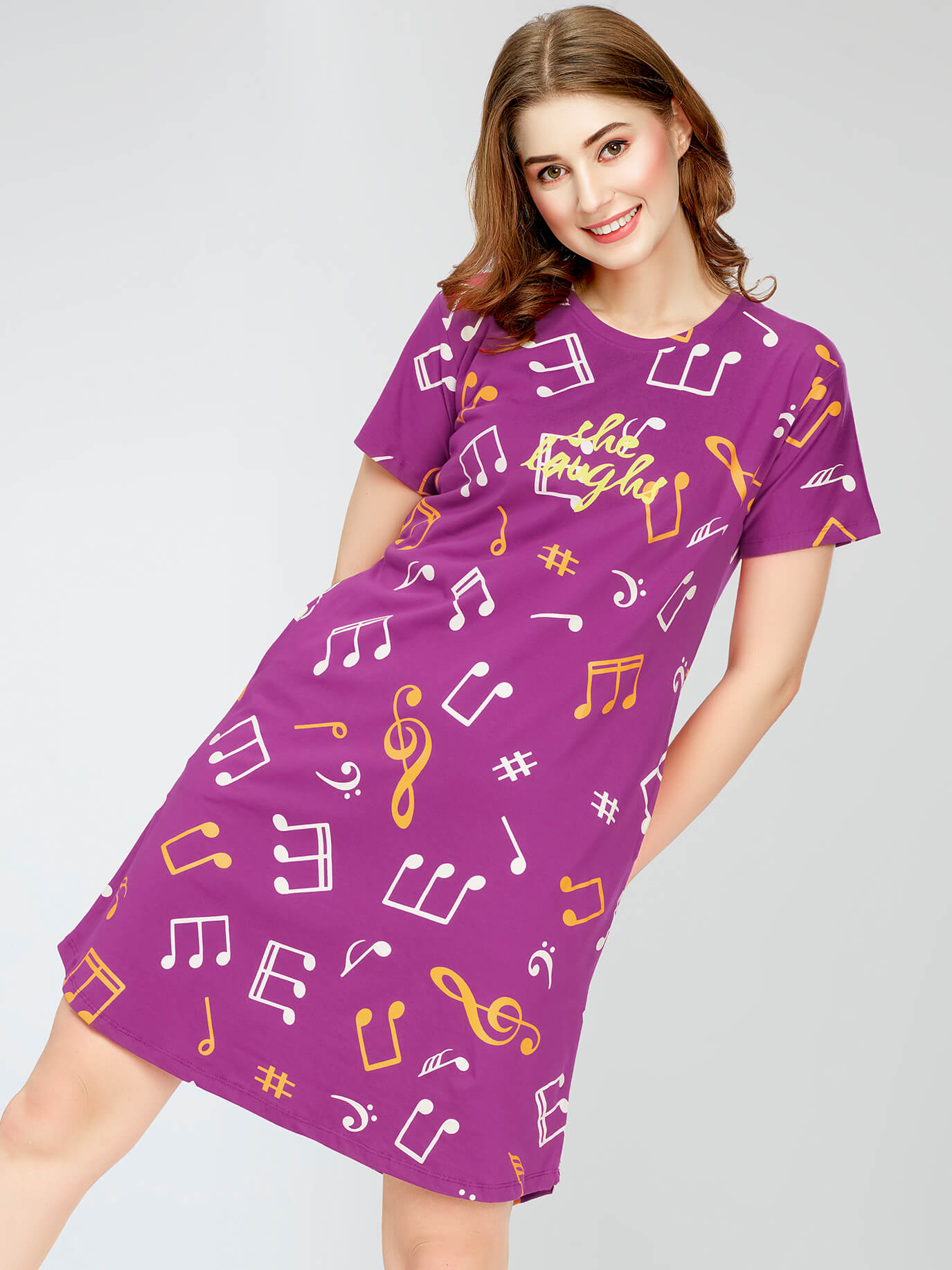 ZEYO Women's Cotton Purple Night Dress Musical Notes Printed Knee Leng