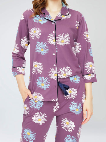 ZEYO Night Suit for Women's Mauve Floral Printed Cotton Night Dress of Shirt and Pajama set