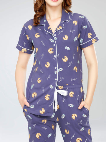 ZEYO Night Suit for Women's Blue Cookies & Cup Printed Cotton Night Dress of Shirt and Pajama set