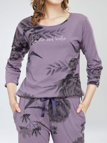 ZEYO Night Suit for Women's Violet Floral Printed Cotton Night Dress of Top and Pajama set