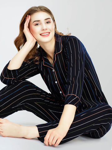 ZEYO Night Suit for Women's Navy Blue Stripe Printed Cotton Night Dress of Shirt and Pajama set