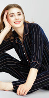 ZEYO Night Suit for Women's Navy Blue Stripe Printed Cotton Night Dress of Shirt and Pajama set