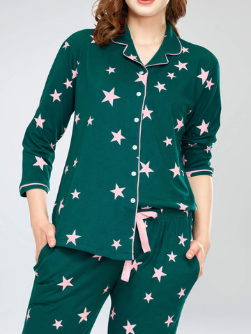 ZEYO Night Suit for Women's Teal Green Star Printed Cotton Night Dress of Shirt and Pajama set