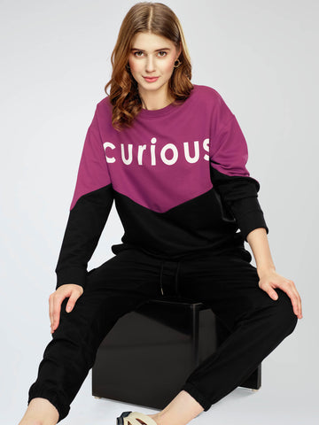 ZEYO Women's Cotton Purple Track Suit Typography Printed Sweatshirt Co-ords set