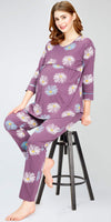 ZEYO Women's Cotton Floral Printed Mauve Nursing & Maternity Night Suit Set of Top & Pyjama Feeding Night Dress