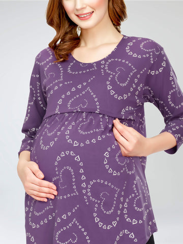 ZEYO Women's Cotton Violet Maternity Top Heart Printed Feeding T-shirt