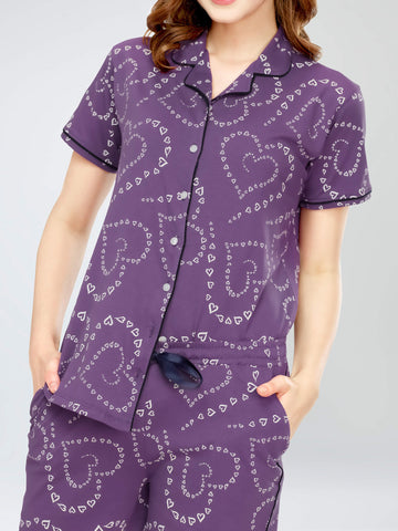 ZEYO Night Suit for Women's Violet Heart Printed Cotton Night Dress of Shirt,Pajama & Short's 3Pc'S Set