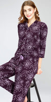 ZEYO Night Suit for Women's Wine Berry Floral Printed Cotton Night Dress of Shirt and Pajama set