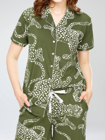 ZEYO Night Suit for Women's Olive Green Leopard Printed Cotton Night Dress of Shirt,Pajama & Short's 3Pc'S Set