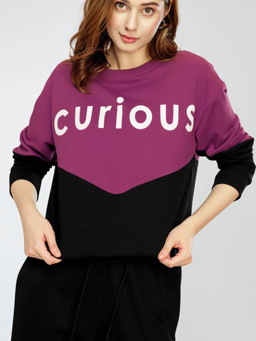 ZEYO Women's Cotton Purple Track Suit Typography Printed Sweatshirt Co-ords set