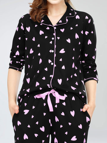 ZEYO Night Suit for Women's Black Heart Printed Cotton Night Dress of Shirt and Pajama set