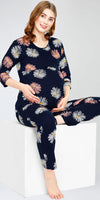 ZEYO Women's Cotton Floral Printed Navy Blue Nursing & Maternity Night Suit Set of Top & Pyjama Feeding Night Dress