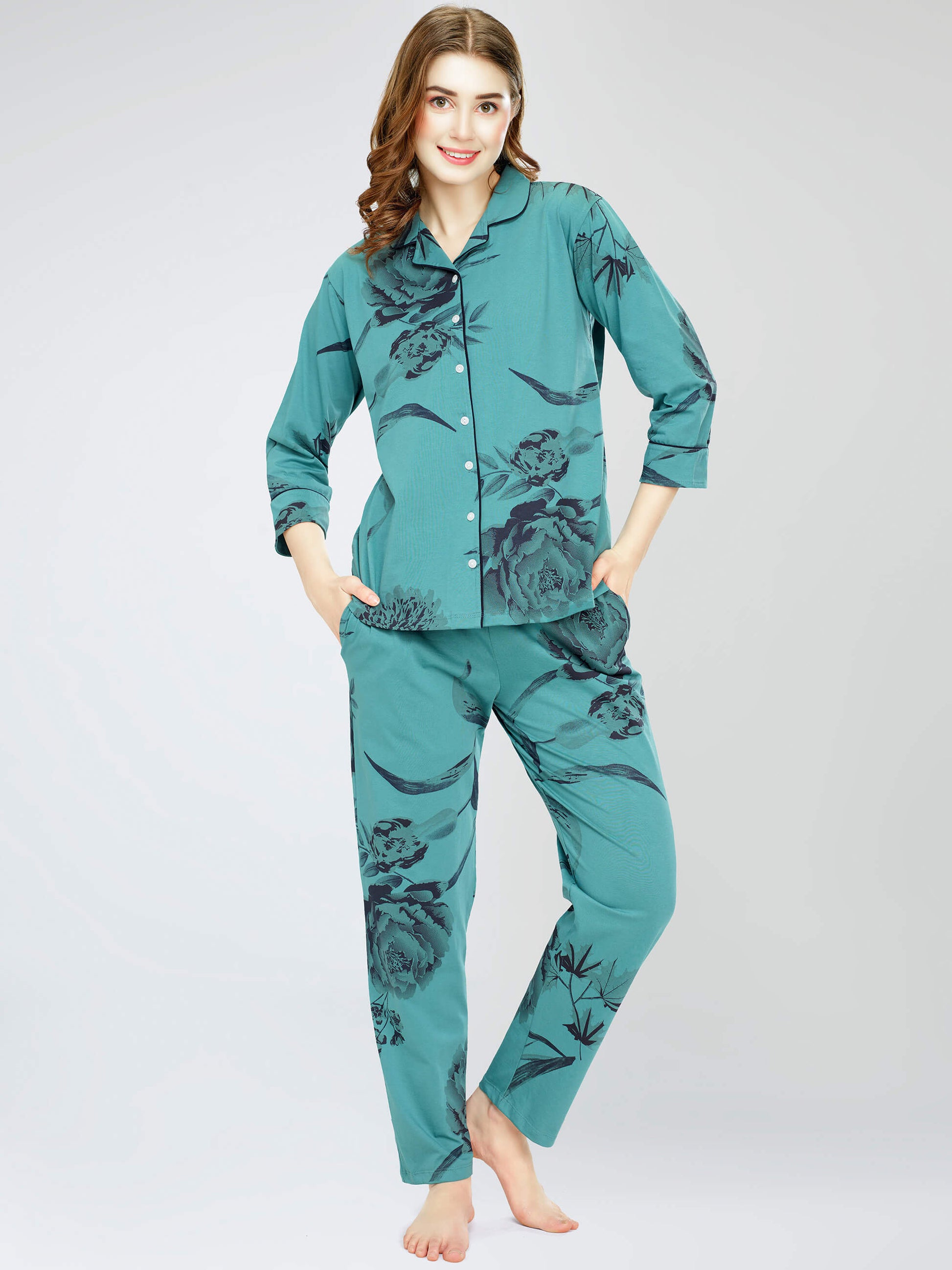 night suit set for women night suit dress for women cotton stylish latest top pajama set nightwear cotton pyjama sleeve sleep home wear ladies nursing feeding front open night shirt ZEYO night suit set co ord set for women