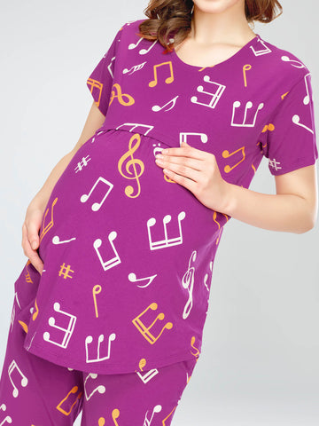 ZEYO Women's Cotton Musical Notes Printed Purple Nursing & Maternity Night Suit Set of Top & Pyjama Feeding Night Dress