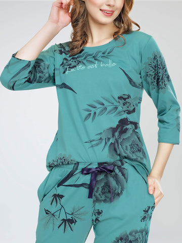 ZEYO Night Suit for Women's Sea Green Floral Printed Cotton Night Dress of Top and Pajama set