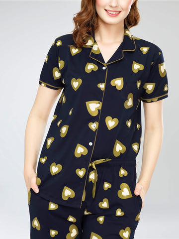 Zeyo Women's Cotton Square Printed Night Suit Set - Shirt & Pyjama, Navy Blue With Yellow, 4X-Large