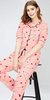 ZEYO Night Suit for Women's Peach Heart Printed Cotton Night Dress of Shirt and Pajama set