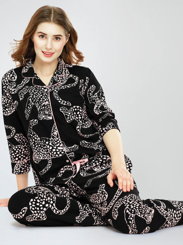 ZEYO Night Suit for Women's Black Leopard Printed Cotton Night Dress of Shirt and Pajama set